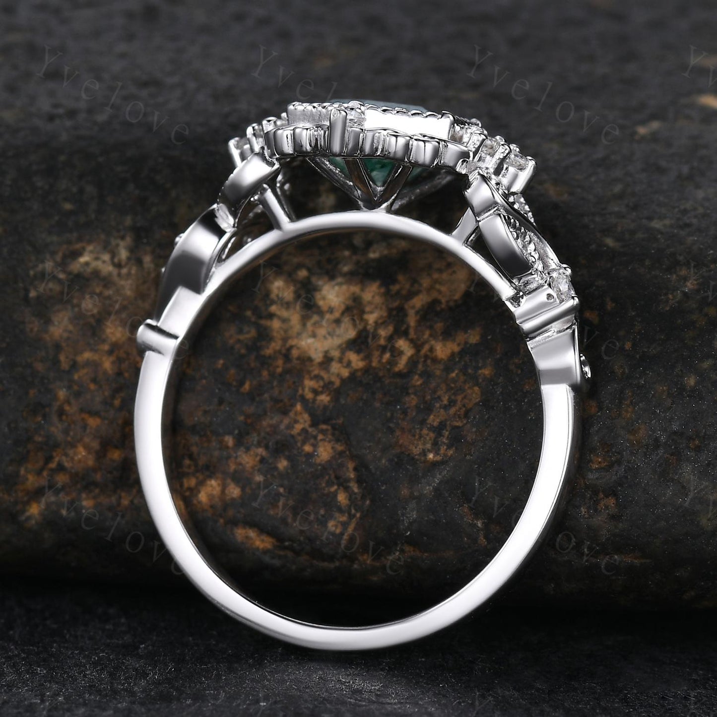 Unique Hexagon Moss Agate Engagement Ring 14K White Gold Ring Leaf Ring Vintage Diamond Ring Bridal Set Cluster Ring Promise Ring for Women