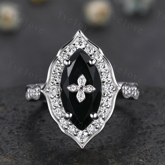 Antique Marquise Black Onyx Engagement Ring White Gold Flora Ring Vintage Diamond Ring Nature Black Onyx Ring Statement Ring Promise Gift