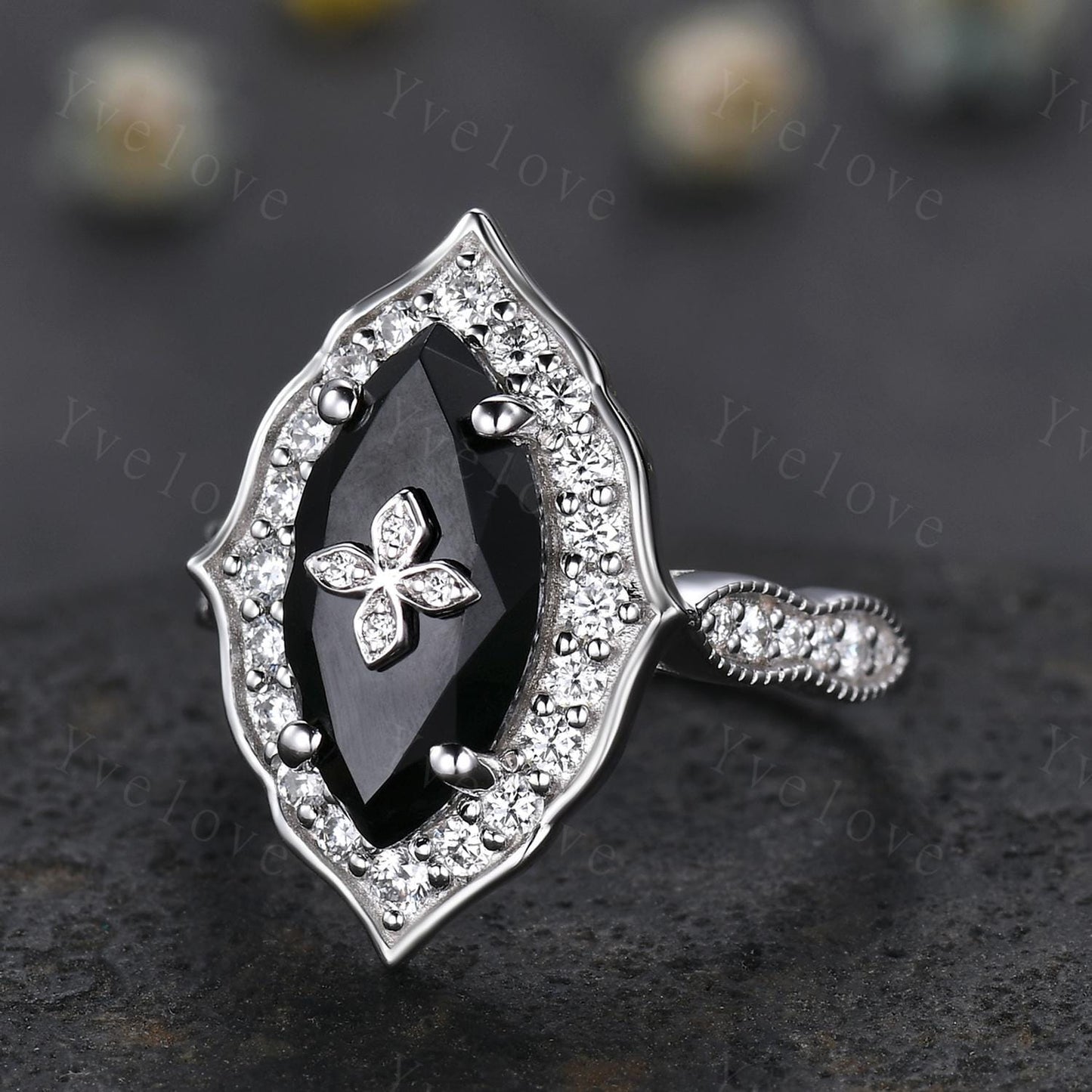 Antique Marquise Black Onyx Engagement Ring White Gold Flora Ring Vintage Diamond Ring Nature Black Onyx Ring Statement Ring Promise Gift