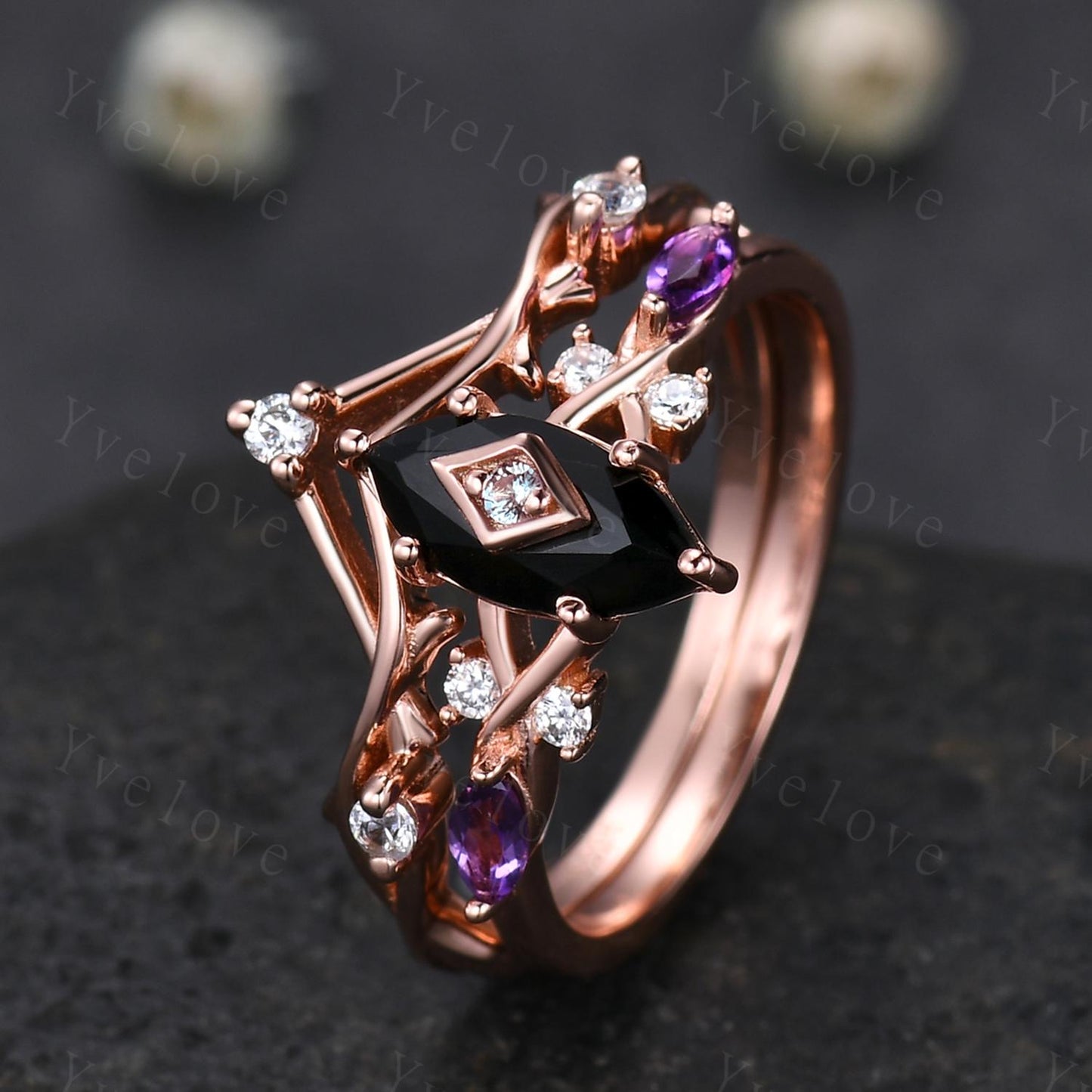 Vintage Marquise Black Onyx Engagement Ring Set Rose Gold Unique Amethyst Diamond Ring Antique Bridal Ring Set Promise Anniversary Gift Ring