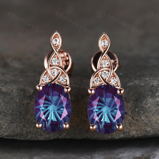 Celtic fireworks alexandrite earrings women rose gold earring studs oval cut earrings art deco alexandrite studs anniversary gift for her