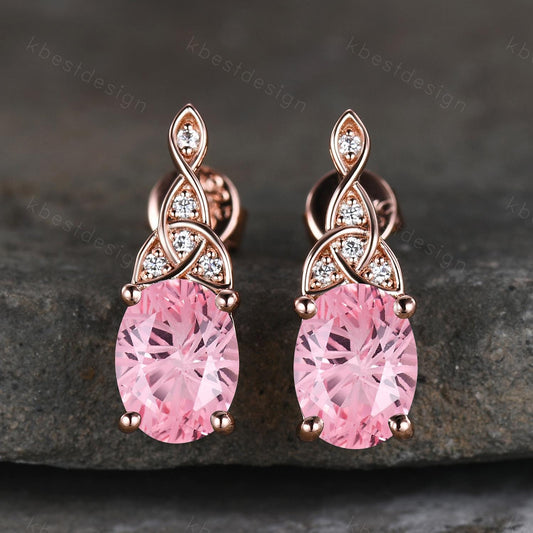 Fireworks pink sapphire earrings women rose gold earring studs oval cut earrings art deco celtic studs pink jewelry anniversary gift for her