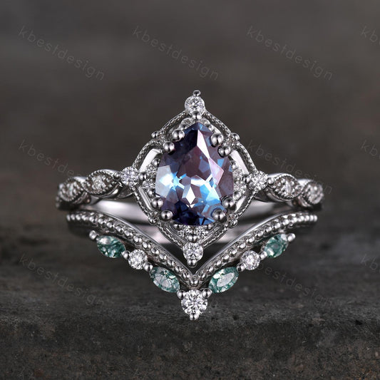Vintage Alexandrite engagement ring set art deco pear shaped alexandrite ring curved moss agate stacking ring unique bridal promise ring set