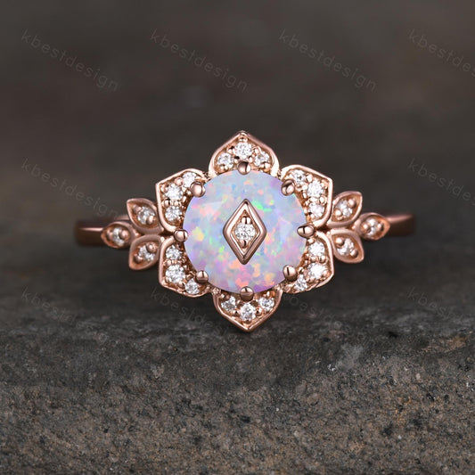 Vintage round White Opal engagement ring antique moissanite halo ring rose gold floral petal ring Nature inspired ring Promise ring