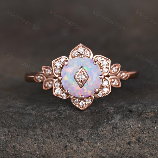 Vintage round White Opal engagement ring antique moissanite halo ring rose gold floral petal ring Nature inspired ring Promise ring