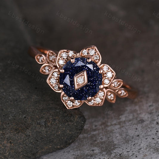 Vintage round Blue Sandstone engagement ring antique moissanite halo ring rose gold floral petal ring Nature inspired ring Promise ring
