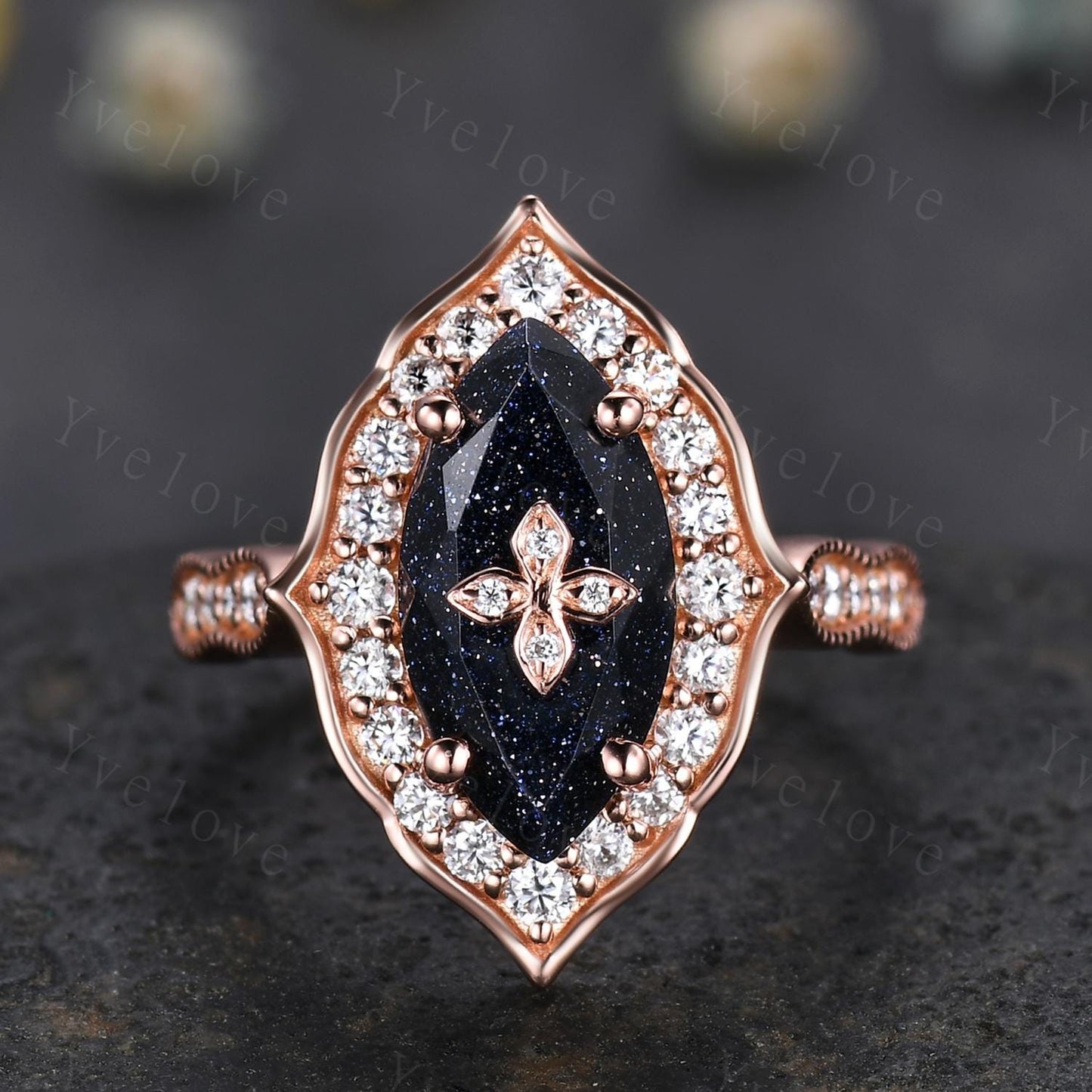 Antique Marquise Blue Sandstone Engagement Ring Rose Gold Flora Ring Vintage Diamond Ring  Nebula Galaxy Ring Statement Ring Promise Gift