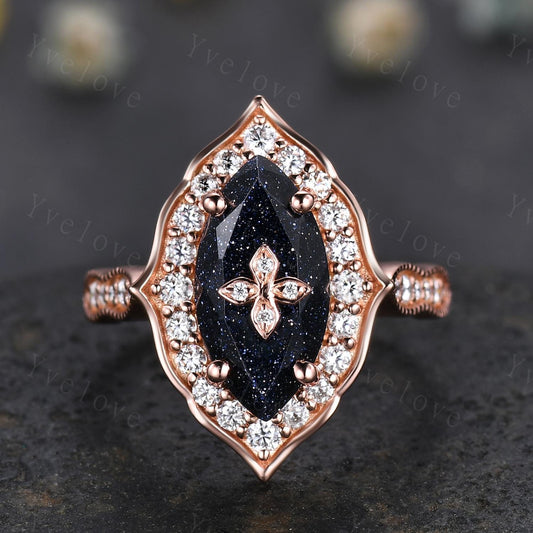 Antique Marquise Blue Sandstone Engagement Ring Rose Gold Flora Ring Vintage Diamond Ring  Nebula Galaxy Ring Statement Ring Promise Gift