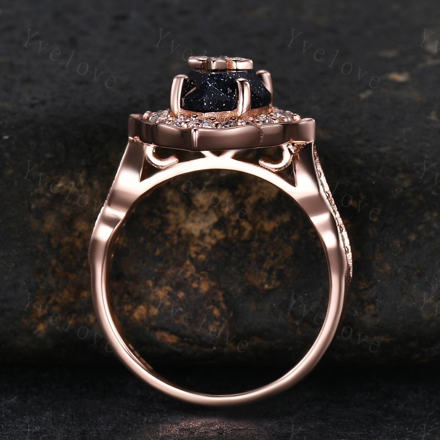 Antique Marquise Blue Sandstone Engagement Ring Rose Gold Flora Ring Vintage Diamond Ring  Nebula Galaxy Ring Statement Ring Promise Gift