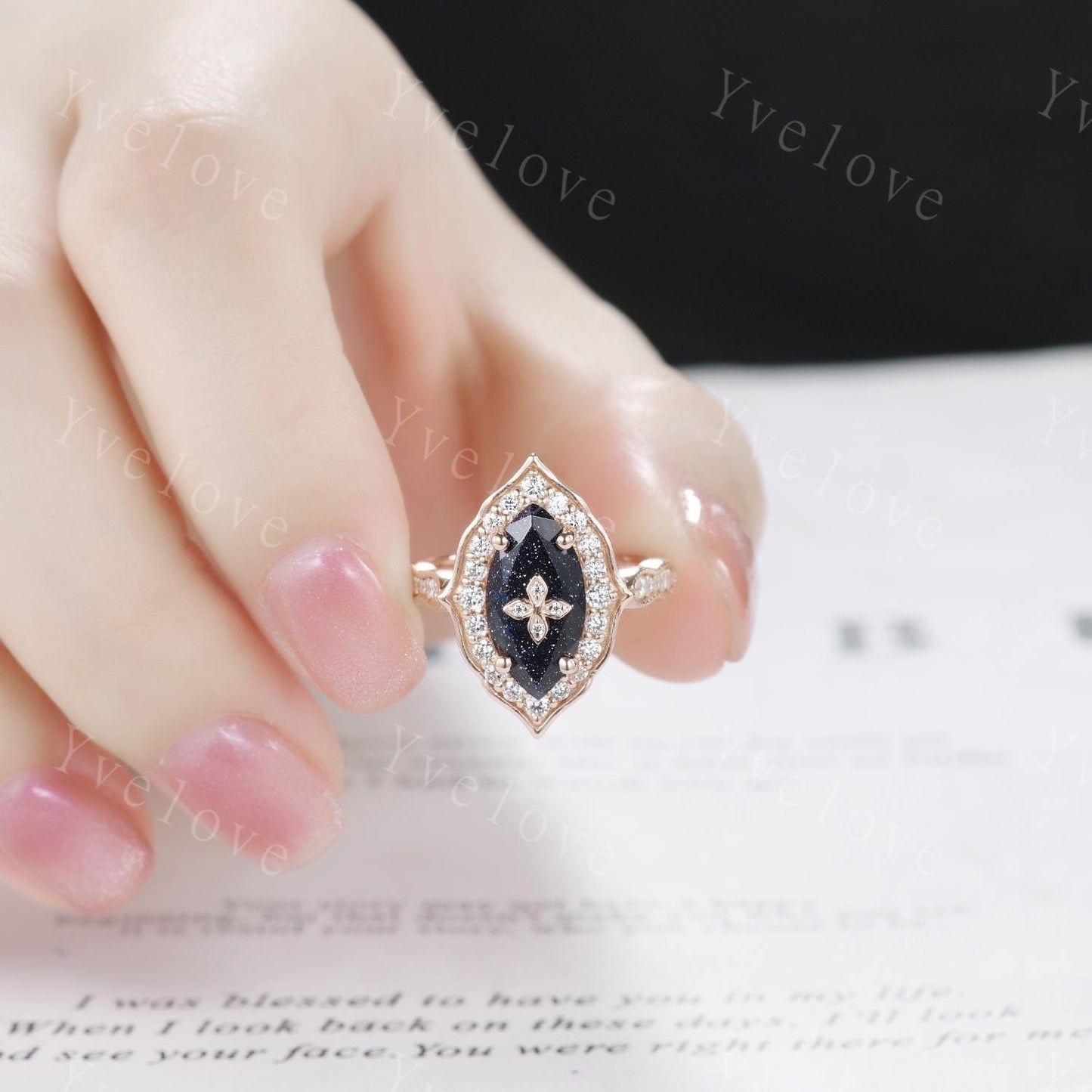 Antique Marquise Blue Sandstone Engagement Ring Rose Gold Flora Ring Vintage Diamond Ring  Nebula Galaxy Ring Statement Ring Promise Gift