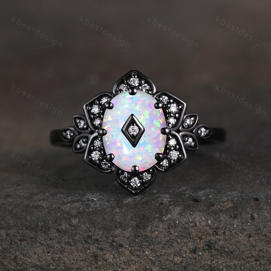 Antique white opal engagement ring Black gold ring Art deco floral design moissanite wedding ring unique petal ring bridal promise ring