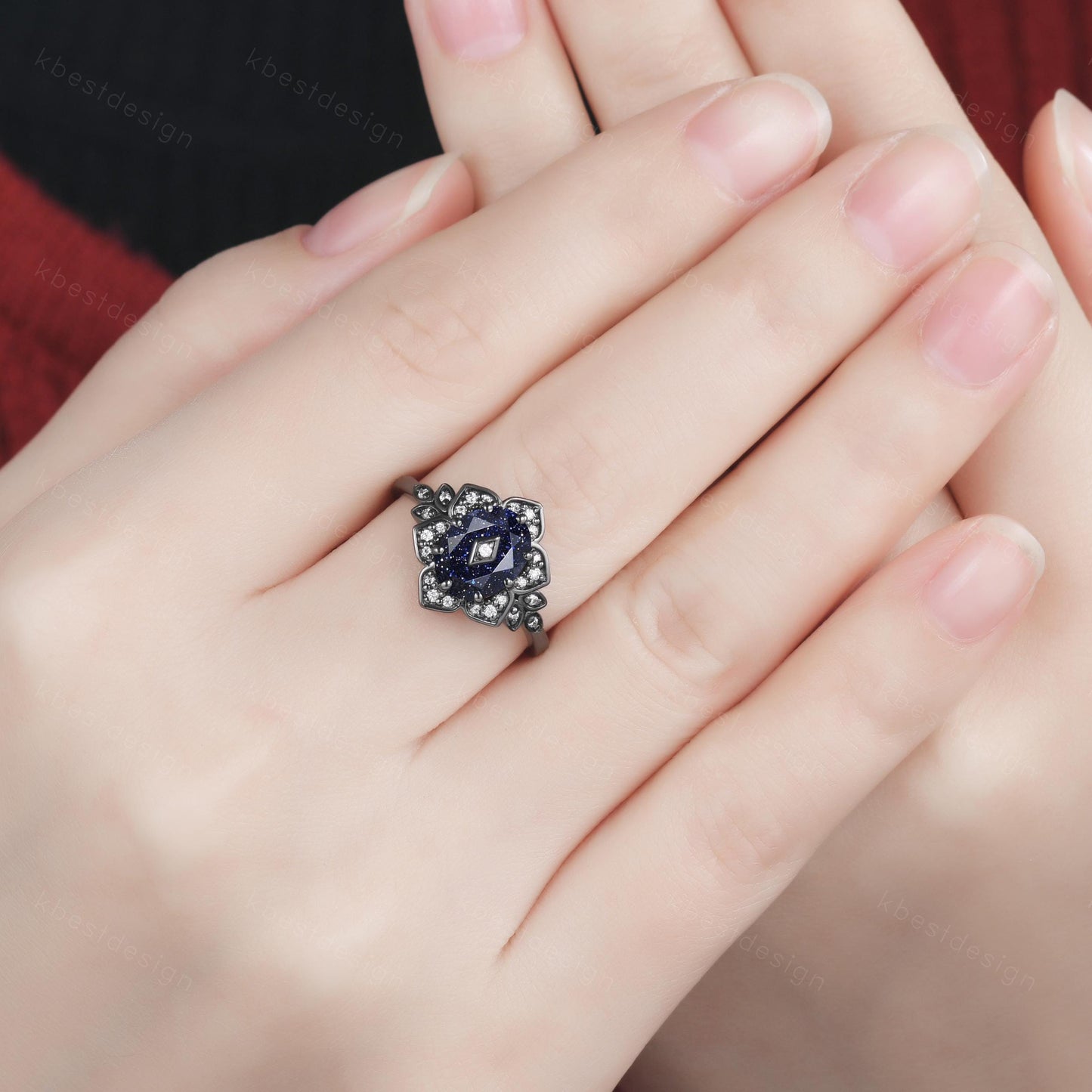Antique blue sandstone engagement ring Black gold ring Art deco floral design moissanite wedding ring unique petal ring bridal promise ring