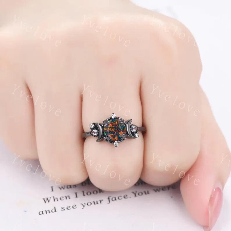 Round black fire opal ring gothic cluster ring black gold unique engagement ring retro moon star diamond promise wedding ring celestial gift