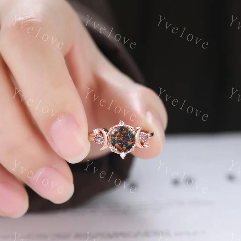 Round black fire opal ring gothic cluster ring black gold unique engagement ring retro moon star diamond promise wedding ring celestial gift