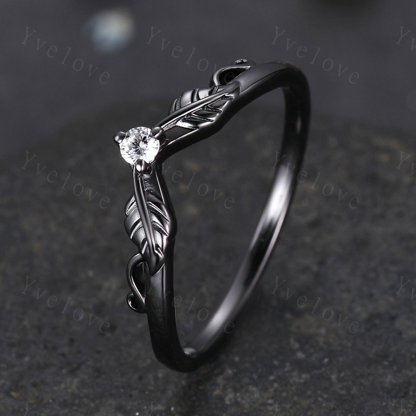 Retro Moissanite Engagement Ring,Twig Leaf Matching Band,Women Vine Band,Gothic V Curved Branch Wedding Band,Black Gold Wedding Band Gift