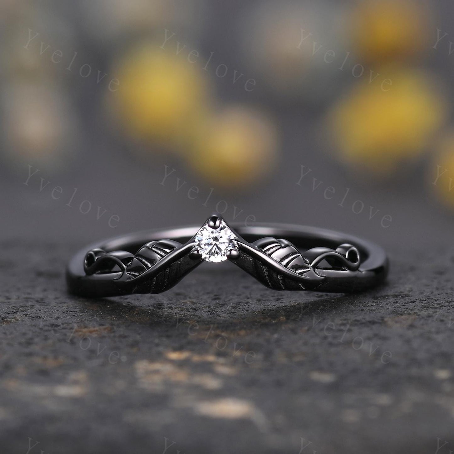 Retro Moissanite Engagement Ring,Twig Leaf Matching Band,Women Vine Band,Gothic V Curved Branch Wedding Band,Black Gold Wedding Band Gift