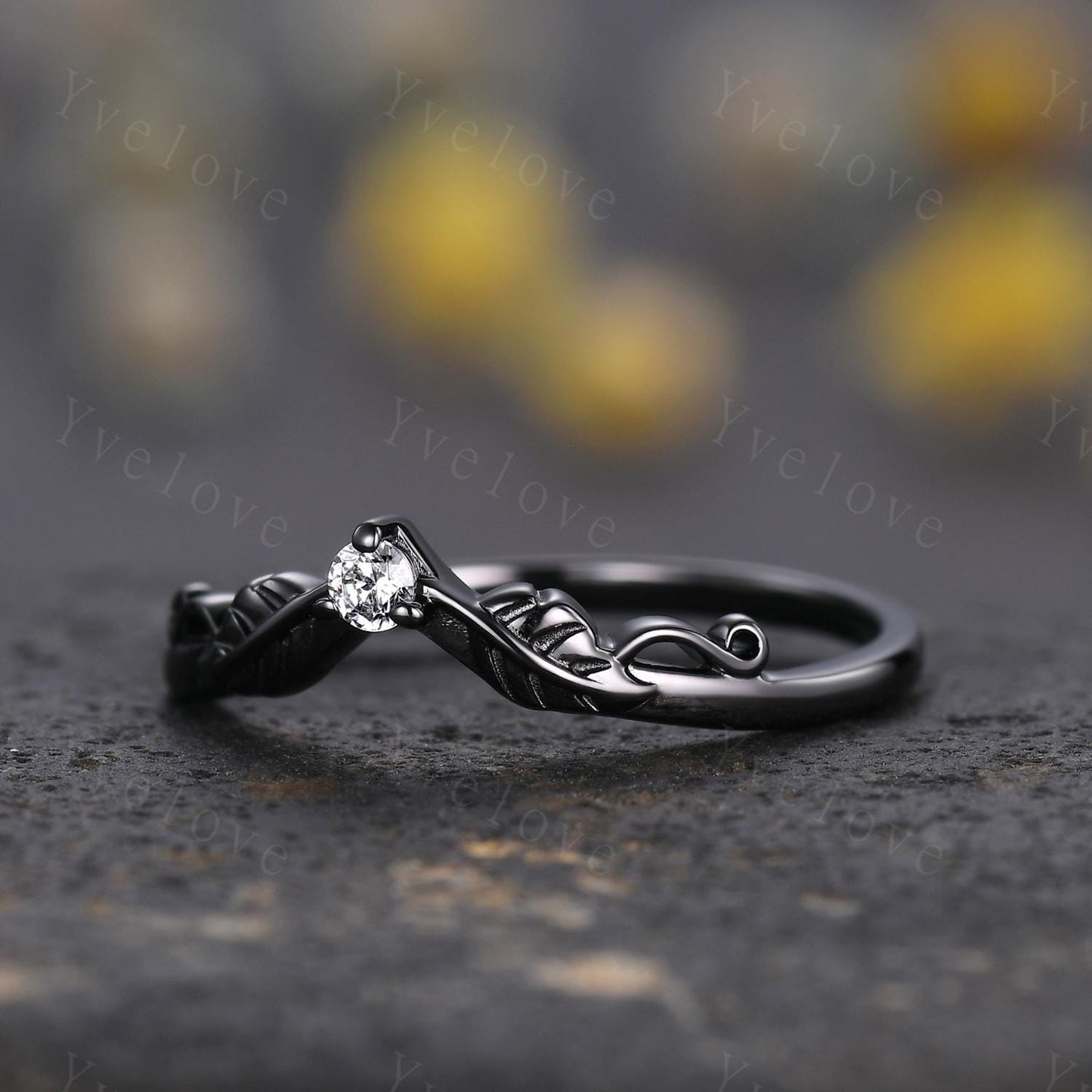 Retro Moissanite Engagement Ring,Twig Leaf Matching Band,Women Vine Band,Gothic V Curved Branch Wedding Band,Black Gold Wedding Band Gift