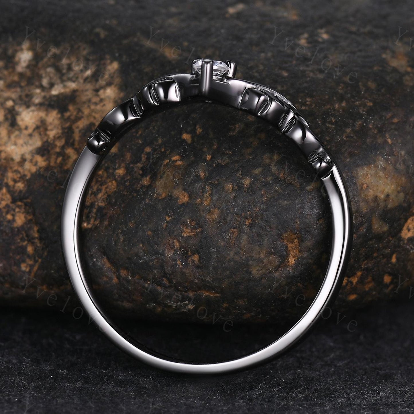 Retro Moissanite Engagement Ring,Twig Leaf Matching Band,Women Vine Band,Gothic V Curved Branch Wedding Band,Black Gold Wedding Band Gift