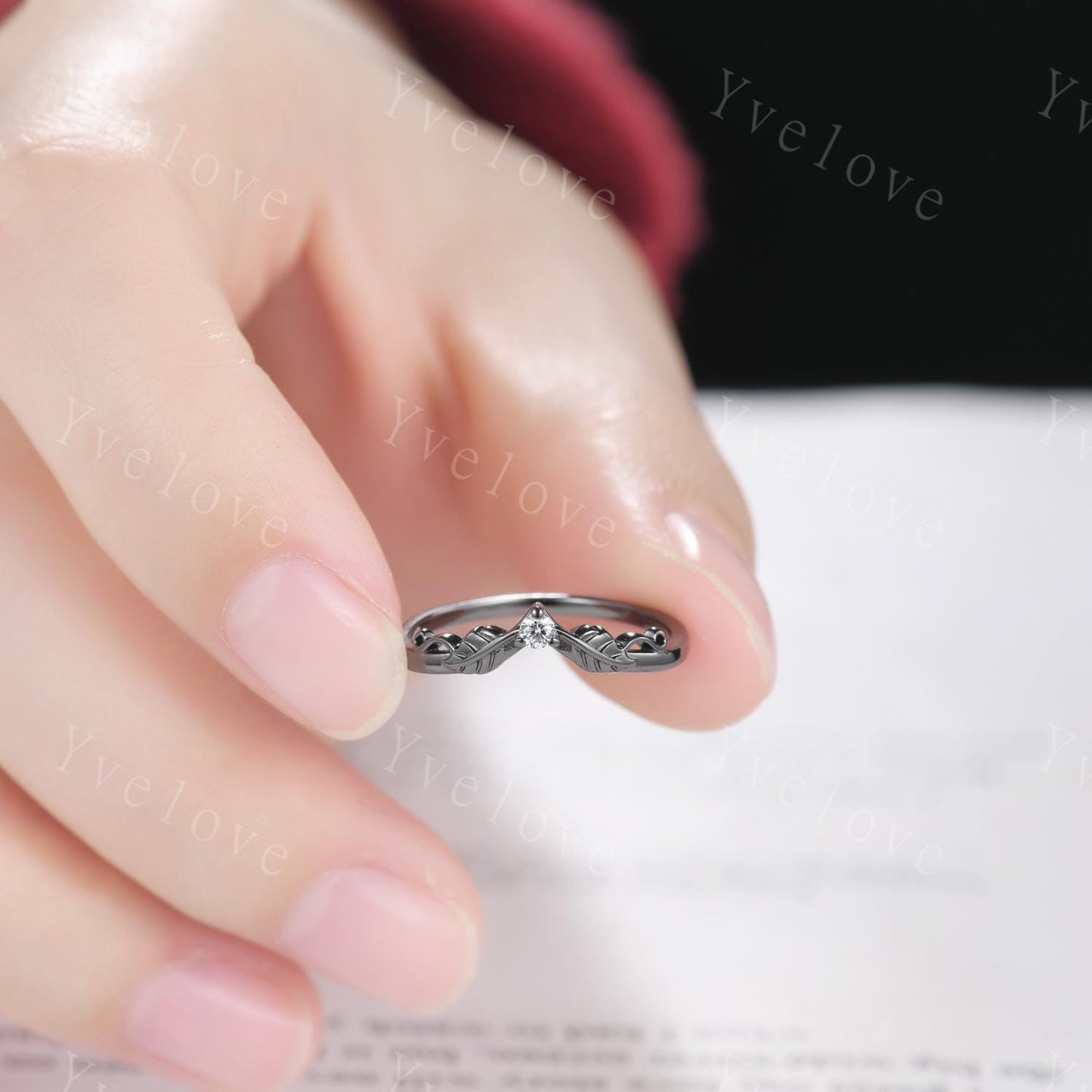 Retro Moissanite Engagement Ring,Twig Leaf Matching Band,Women Vine Band,Gothic V Curved Branch Wedding Band,Black Gold Wedding Band Gift