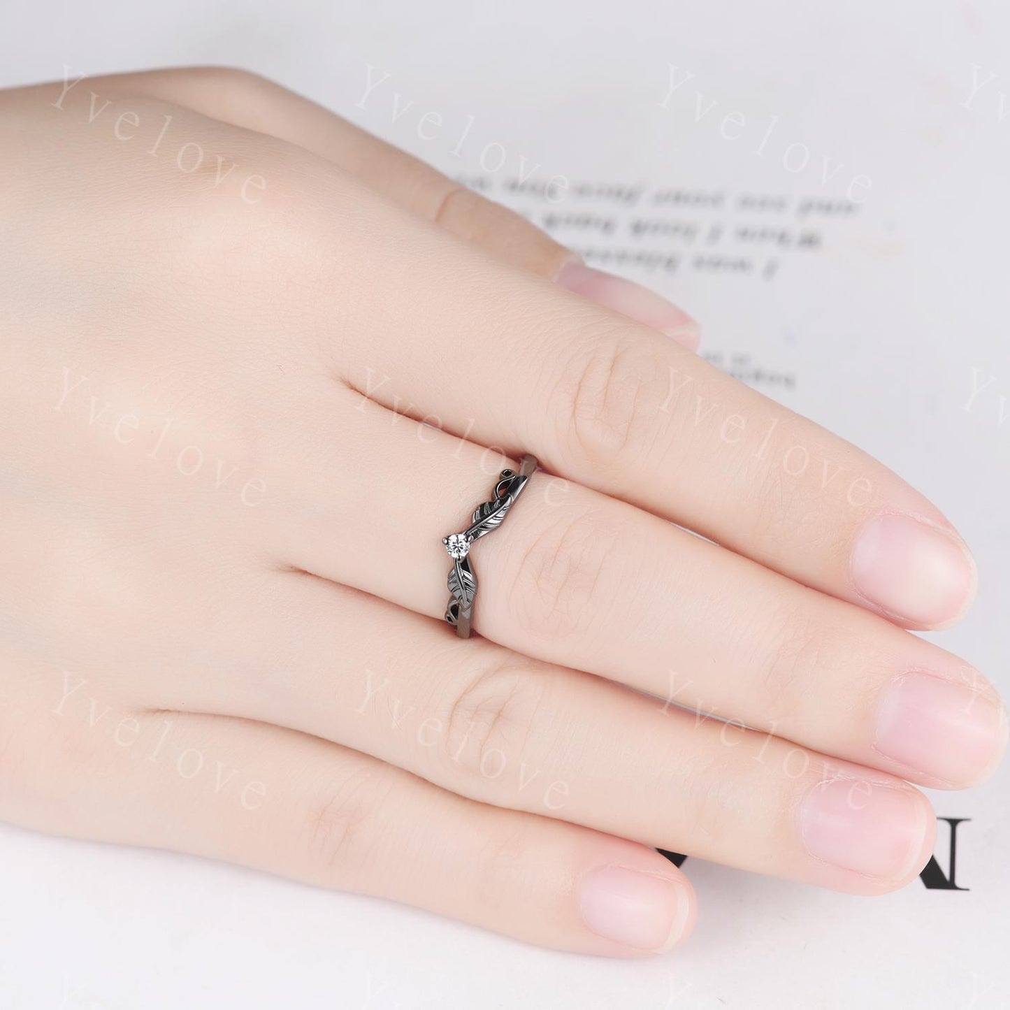 Retro Moissanite Engagement Ring,Twig Leaf Matching Band,Women Vine Band,Gothic V Curved Branch Wedding Band,Black Gold Wedding Band Gift
