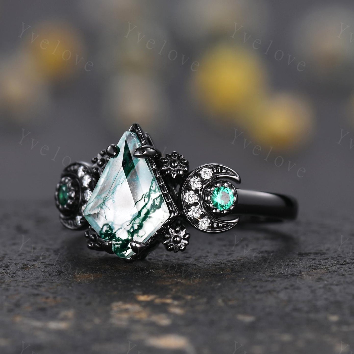 Nature Inspired Kite Moss Agate Engagement Ring,Unique Celestial Moon Ring,Green Emerald Cluster Ring,Black Gold,Women Statement Ring Gift