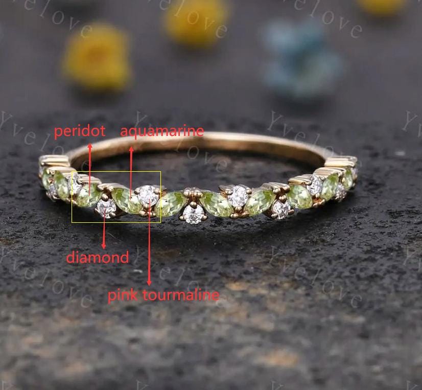 Custom order for Cory, marquise peridot and aquamarine, round diamond and pink tourmaline, 14k white gold.