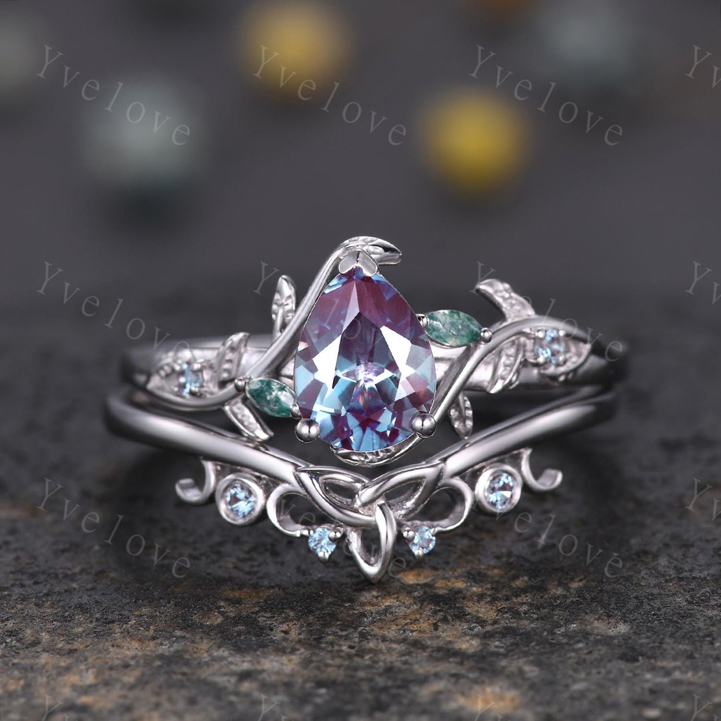 Teardrop Alexandrite Moss Agate Bridal Set,Vintage Vine Leaf Ring,Alexandrite Engagement Ring,Celtic Unique Handmade Promise Gifts for Women