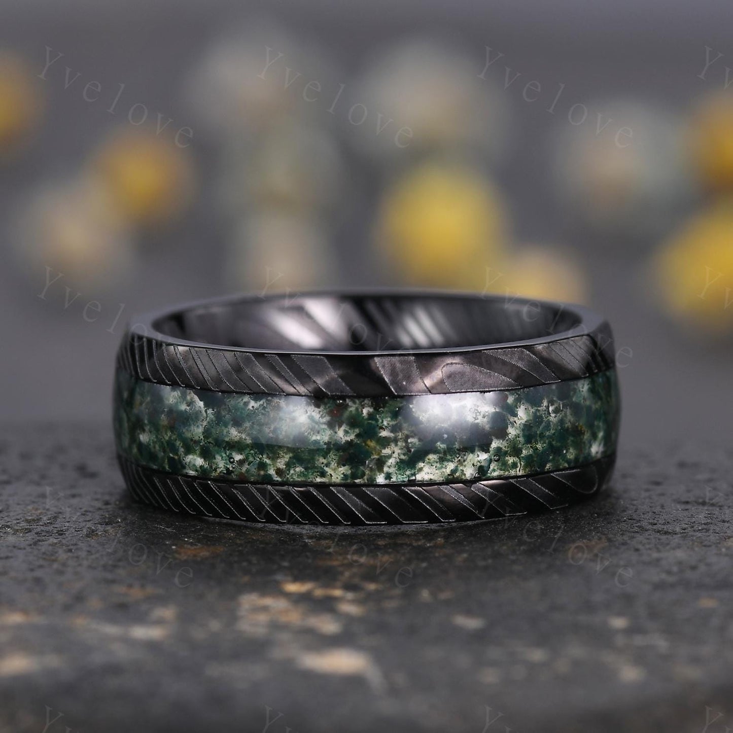 Unique Kite Cut Moss Agate Couple Ring Set Gothic Black Gold Couple Wedding Band Mens Moss Agate Tungsten Ring Couples Promise Ring Set