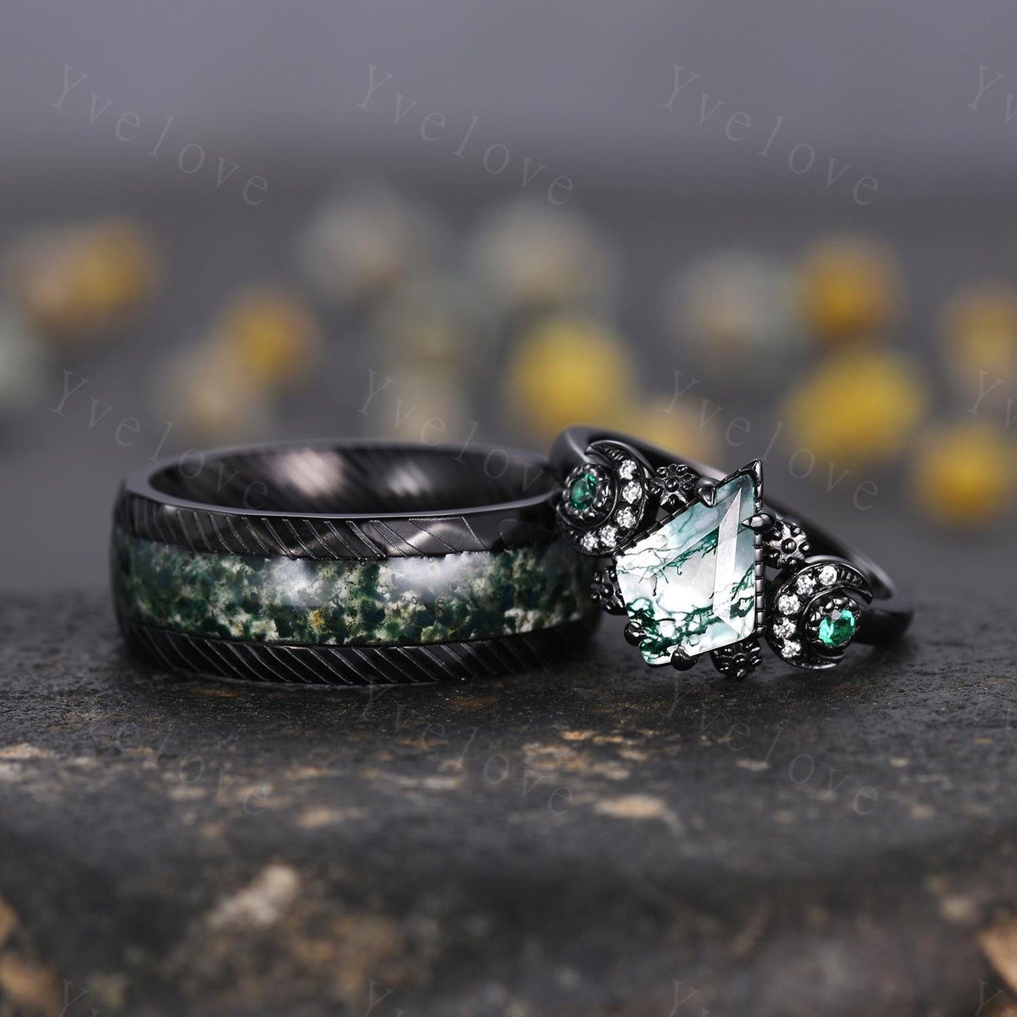 Unique Kite Cut Moss Agate Couple Ring Set Gothic Black Gold Couple Wedding Band Mens Moss Agate Tungsten Ring Couples Promise Ring Set