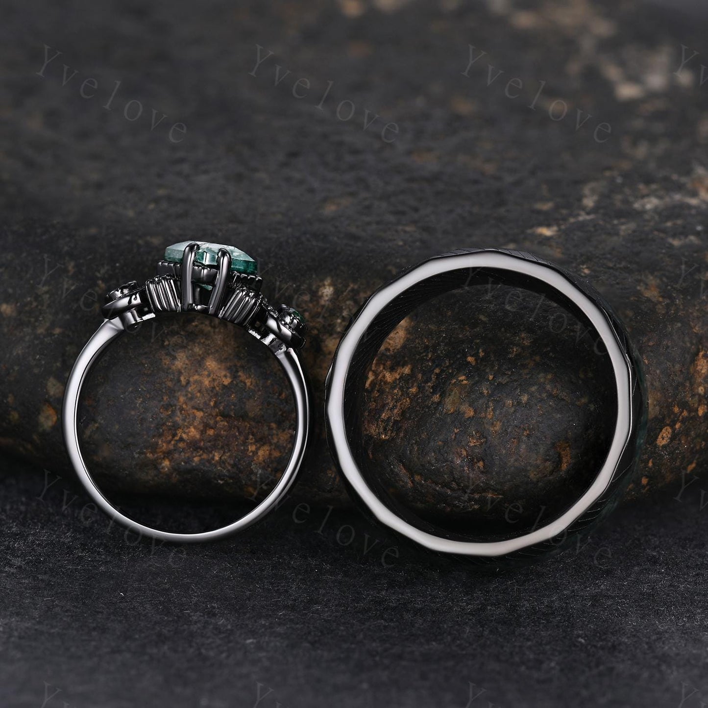 Unique Kite Cut Moss Agate Couple Ring Set Gothic Black Gold Couple Wedding Band Mens Moss Agate Tungsten Ring Couples Promise Ring Set