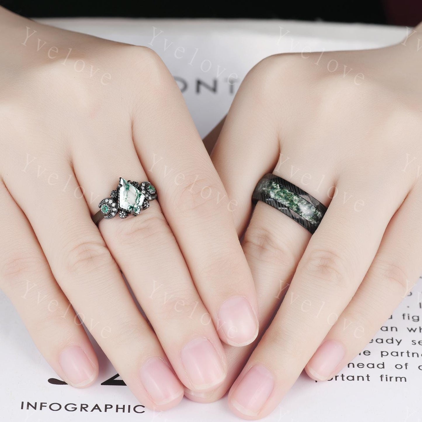 Unique Kite Cut Moss Agate Couple Ring Set Gothic Black Gold Couple Wedding Band Mens Moss Agate Tungsten Ring Couples Promise Ring Set