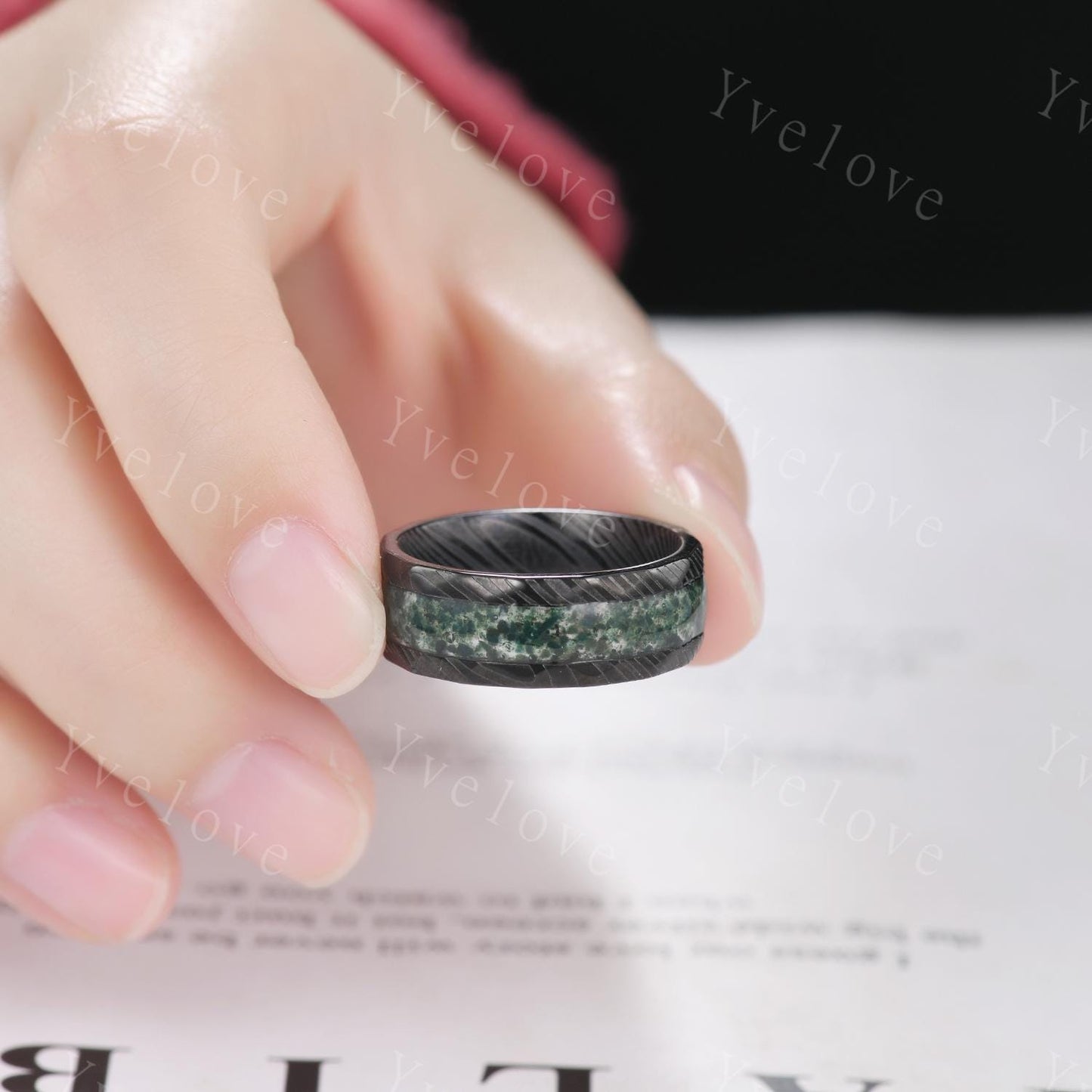 Unique Kite Cut Moss Agate Couple Ring Set Gothic Black Gold Couple Wedding Band Mens Moss Agate Tungsten Ring Couples Promise Ring Set