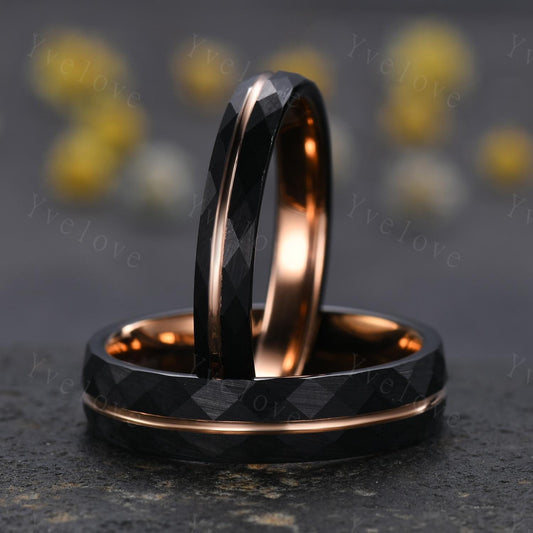 4mm/6mm Couples Ring Wedding Band Set,Black Tungsten Wedding Rings for Men Women,Rose Gold Faceted Promise Wedding Bands for Him and Her