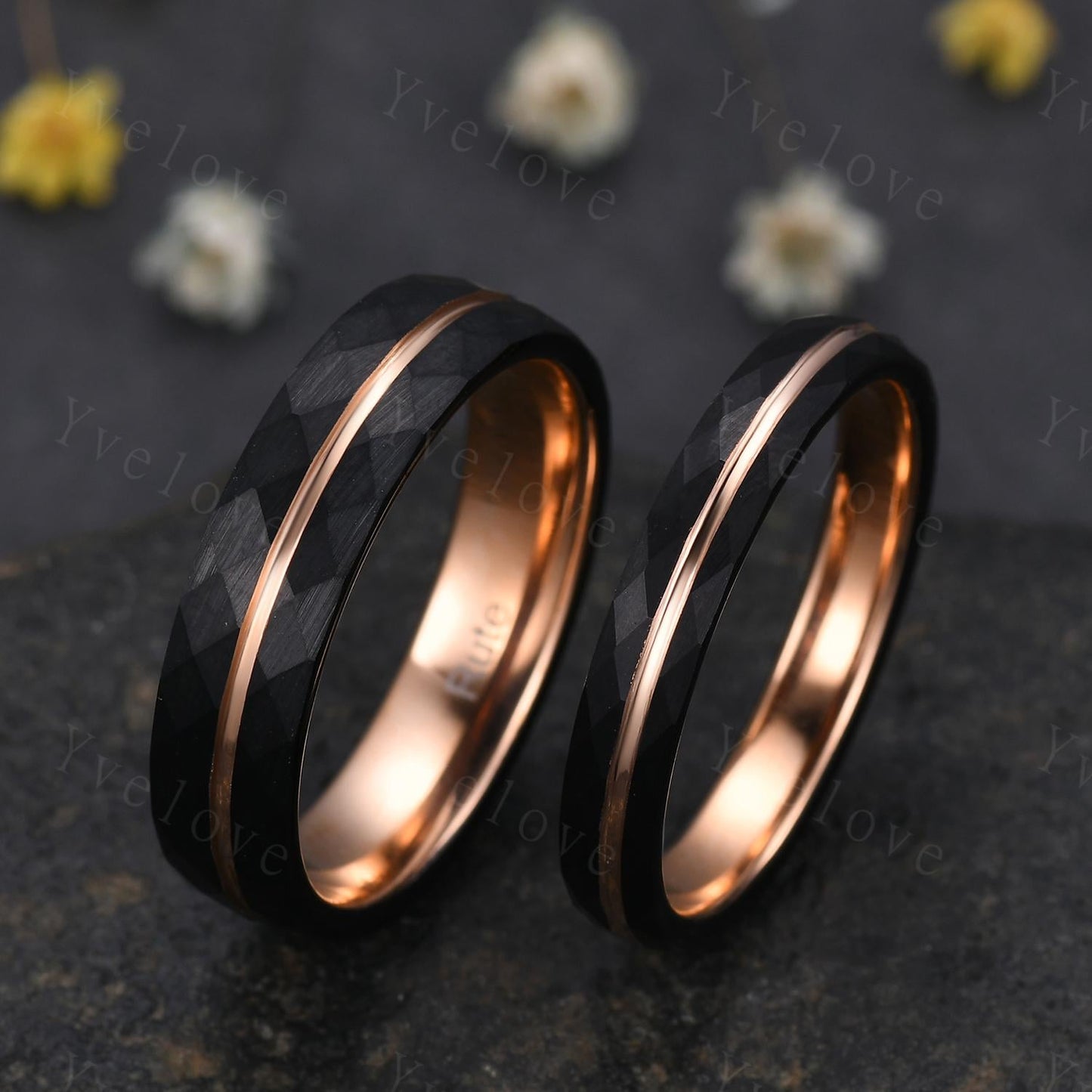 4mm/6mm Couples Ring Wedding Band Set,Black Tungsten Wedding Rings for Men Women,Rose Gold Faceted Promise Wedding Bands for Him and Her