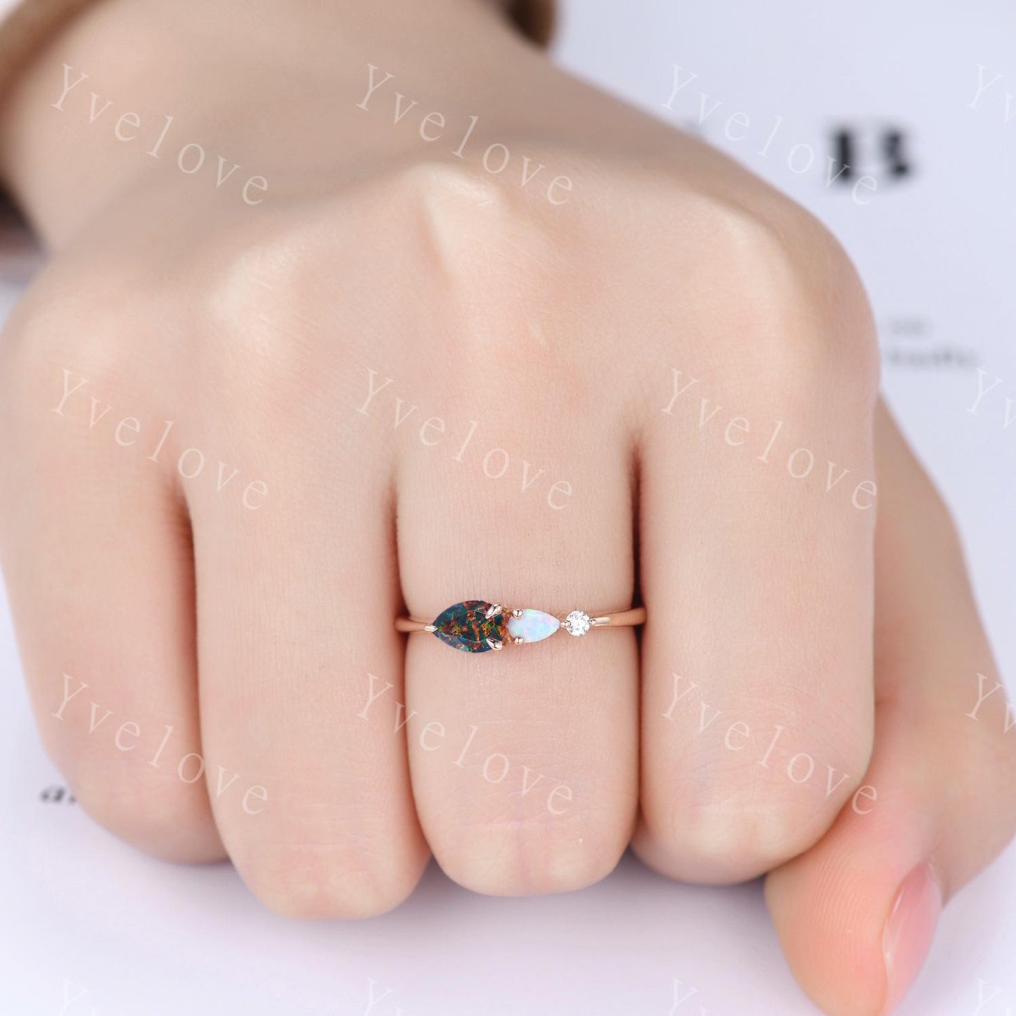 Unique Black Fire Opal Engagement Ring,Pear Cut Gems,Art Deco Moissanite Wedding Band,3 Stone Unique Women Bridal Promise Ring,Customized