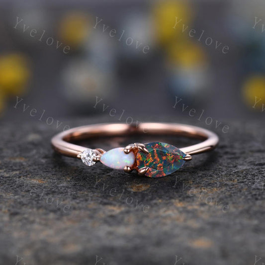Unique Black Fire Opal Engagement Ring,Pear Cut Gems,Art Deco Moissanite Wedding Band,3 Stone Unique Women Bridal Promise Ring,Customized