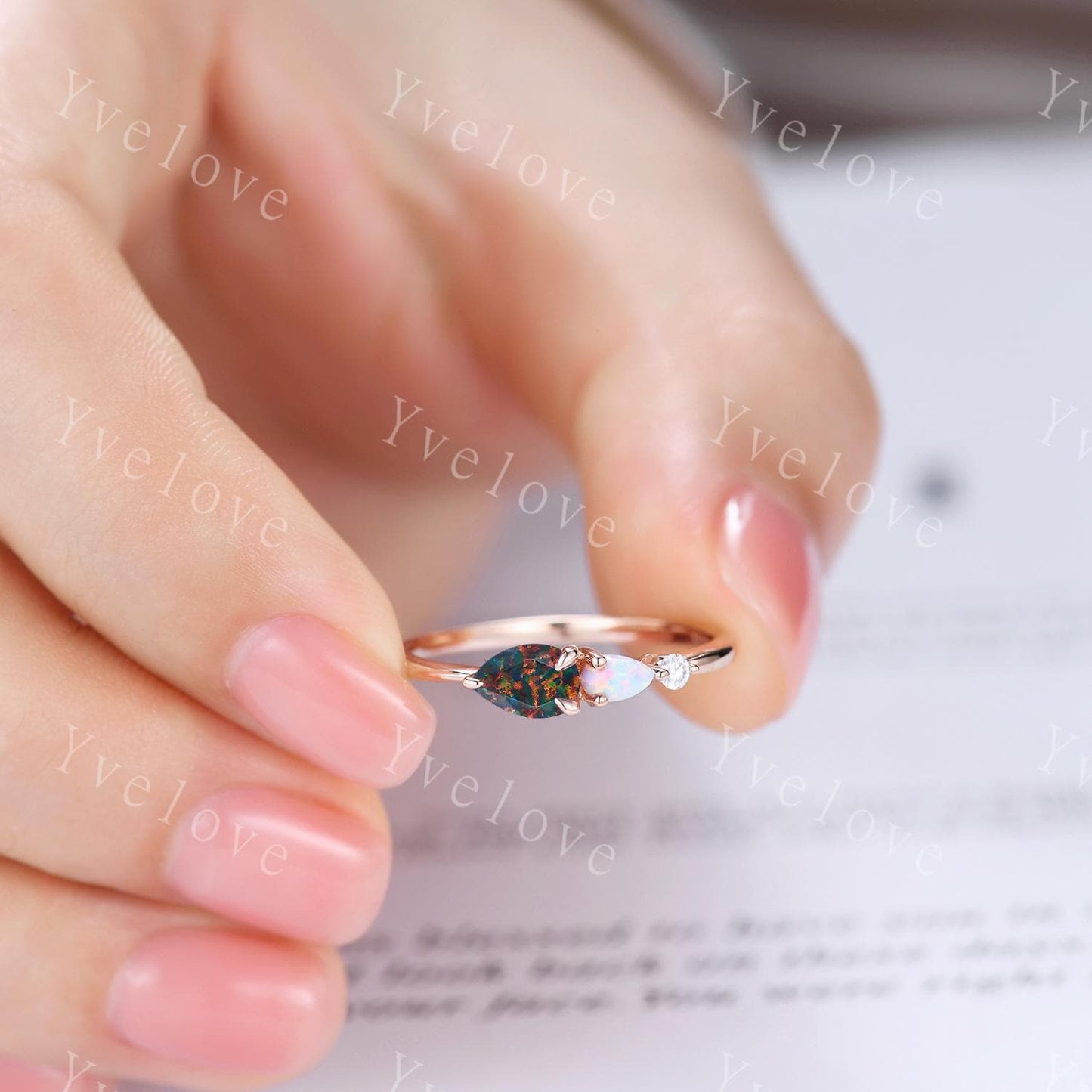 Unique Black Fire Opal Engagement Ring,Pear Cut Gems,Art Deco Moissanite Wedding Band,3 Stone Unique Women Bridal Promise Ring,Customized