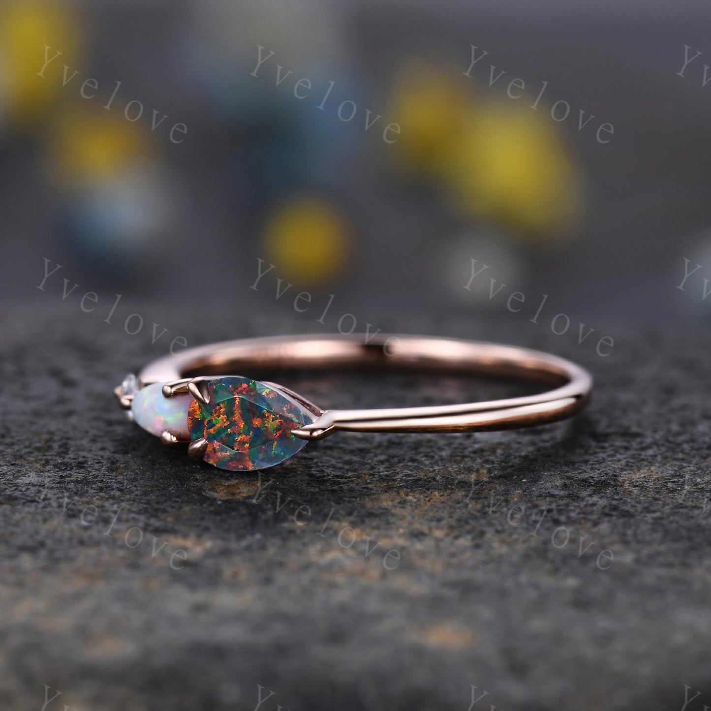 Unique Black Fire Opal Engagement Ring,Pear Cut Gems,Art Deco Moissanite Wedding Band,3 Stone Unique Women Bridal Promise Ring,Customized