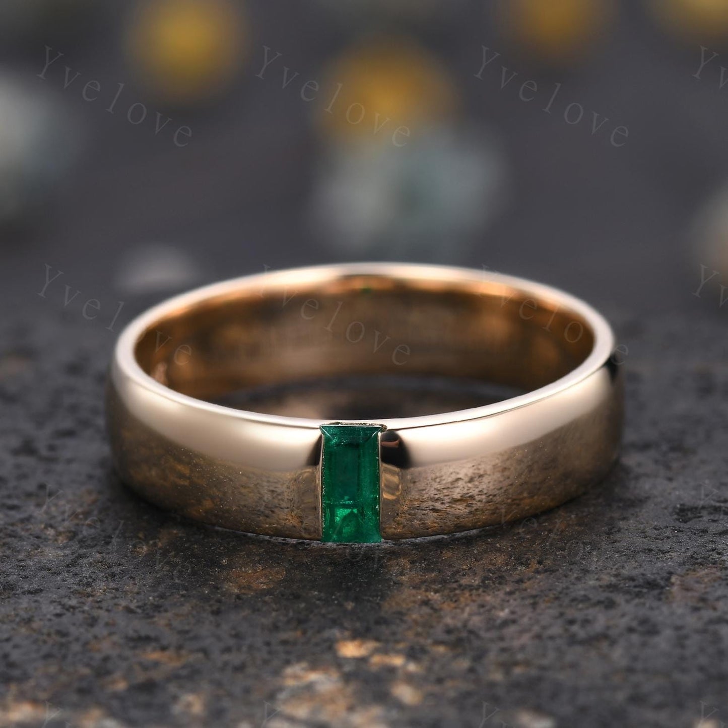 Mens Green Emerald Wedding Band Baguette Cut Band 5mm Yellow Gold Ring Mens Solitaire Stacking Matching Band Retro Vintage Ring May Gift