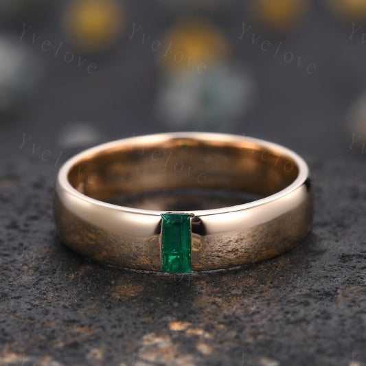 Mens Green Emerald Wedding Band Baguette Cut Band 5mm Yellow Gold Ring Mens Solitaire Stacking Matching Band Retro Vintage Ring May Gift
