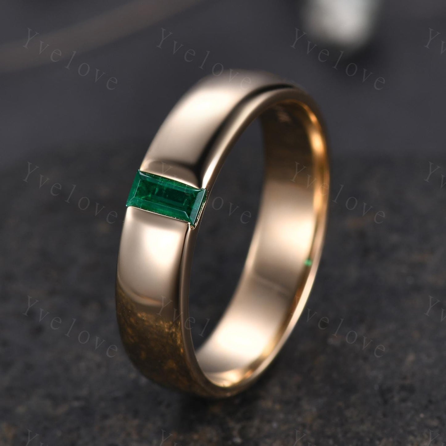 Mens Green Emerald Wedding Band Baguette Cut Band 5mm Yellow Gold Ring Mens Solitaire Stacking Matching Band Retro Vintage Ring May Gift