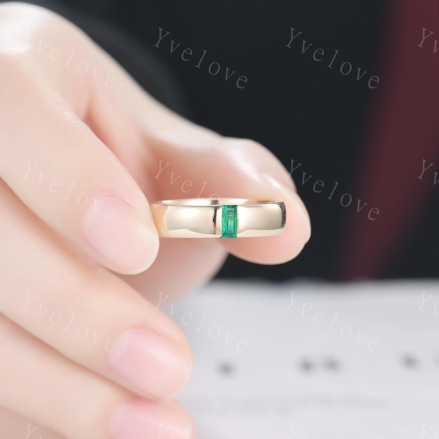 Mens Green Emerald Wedding Band Baguette Cut Band 5mm Yellow Gold Ring Mens Solitaire Stacking Matching Band Retro Vintage Ring May Gift