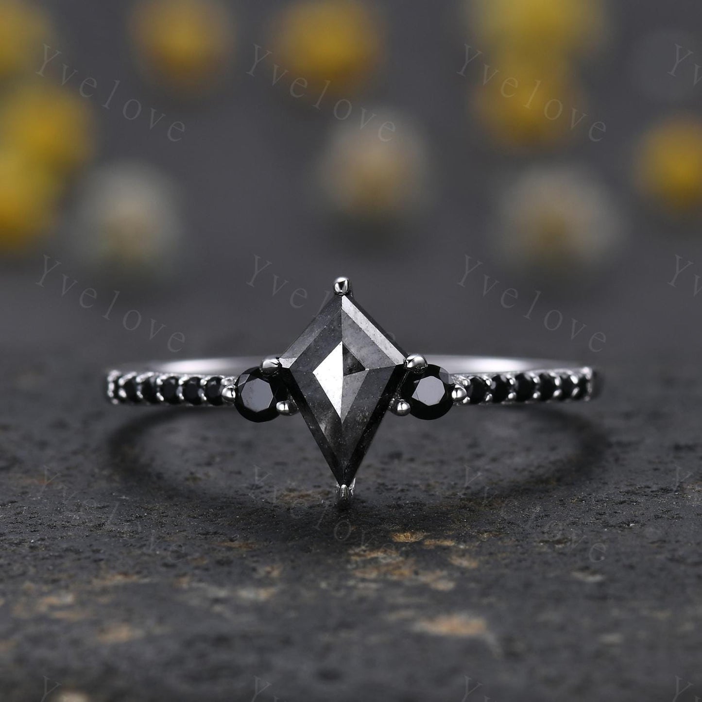 Dainty Kite Cut Salt and Pepper Diamond Engagement Ring Set Antique White Gold Ring Black Spinel Gems Bridal Set Promise Ring Handmade Gift
