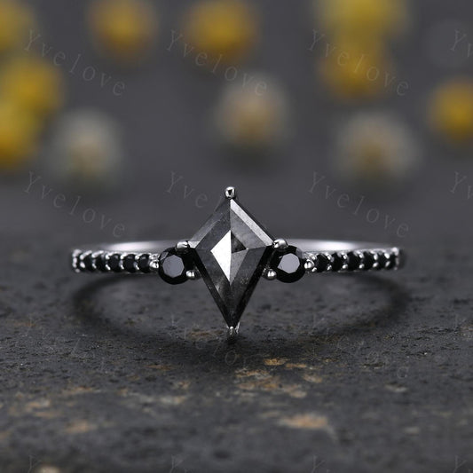Dainty Kite Cut Salt and Pepper Diamond Engagement Ring Antique 14k White Gold Ring Black Spinel Gems Bridal Ring Promise Ring Handmade Gift