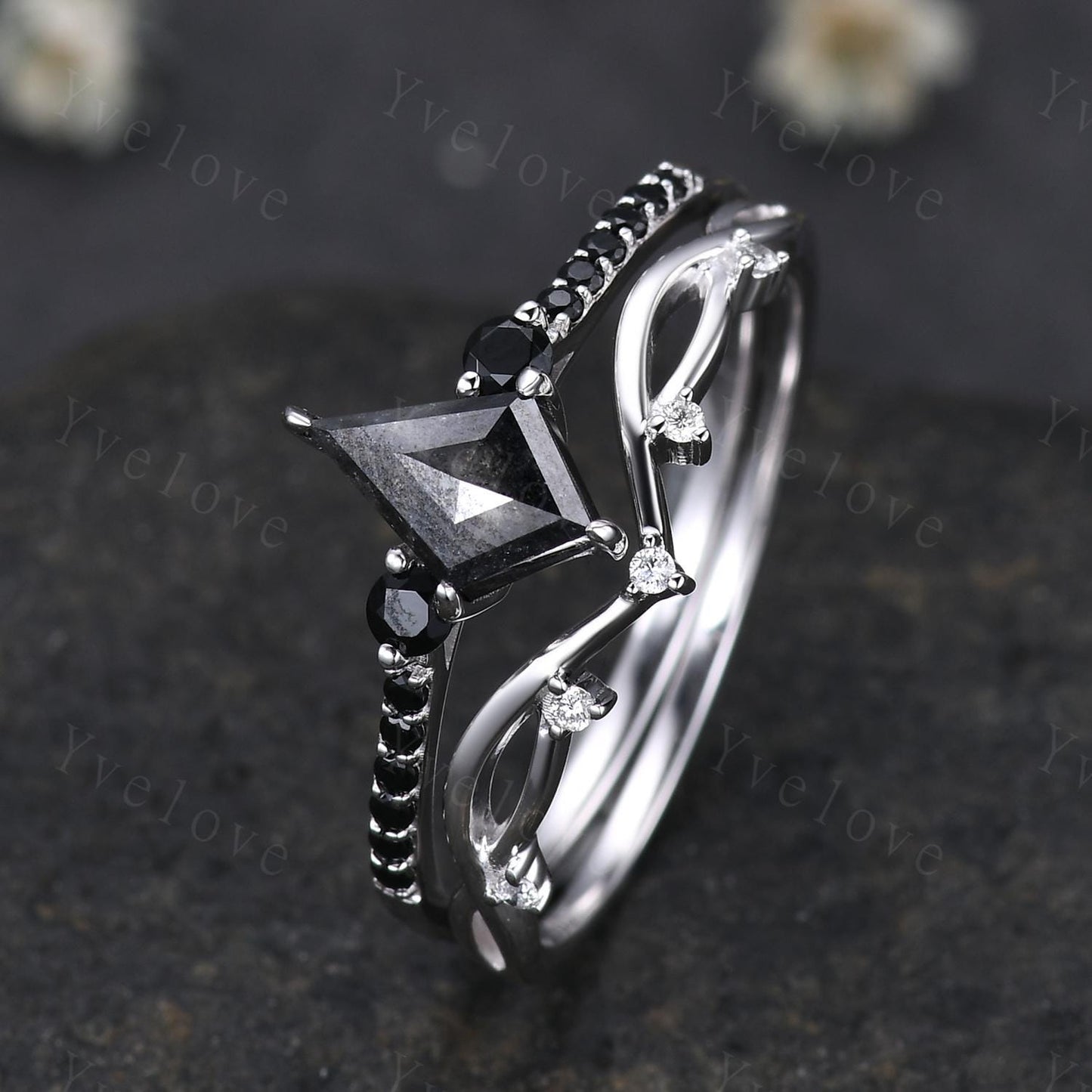 Dainty Kite Cut Salt and Pepper Diamond Engagement Ring Set Antique White Gold Ring Black Spinel Gems Bridal Set Promise Ring Handmade Gift