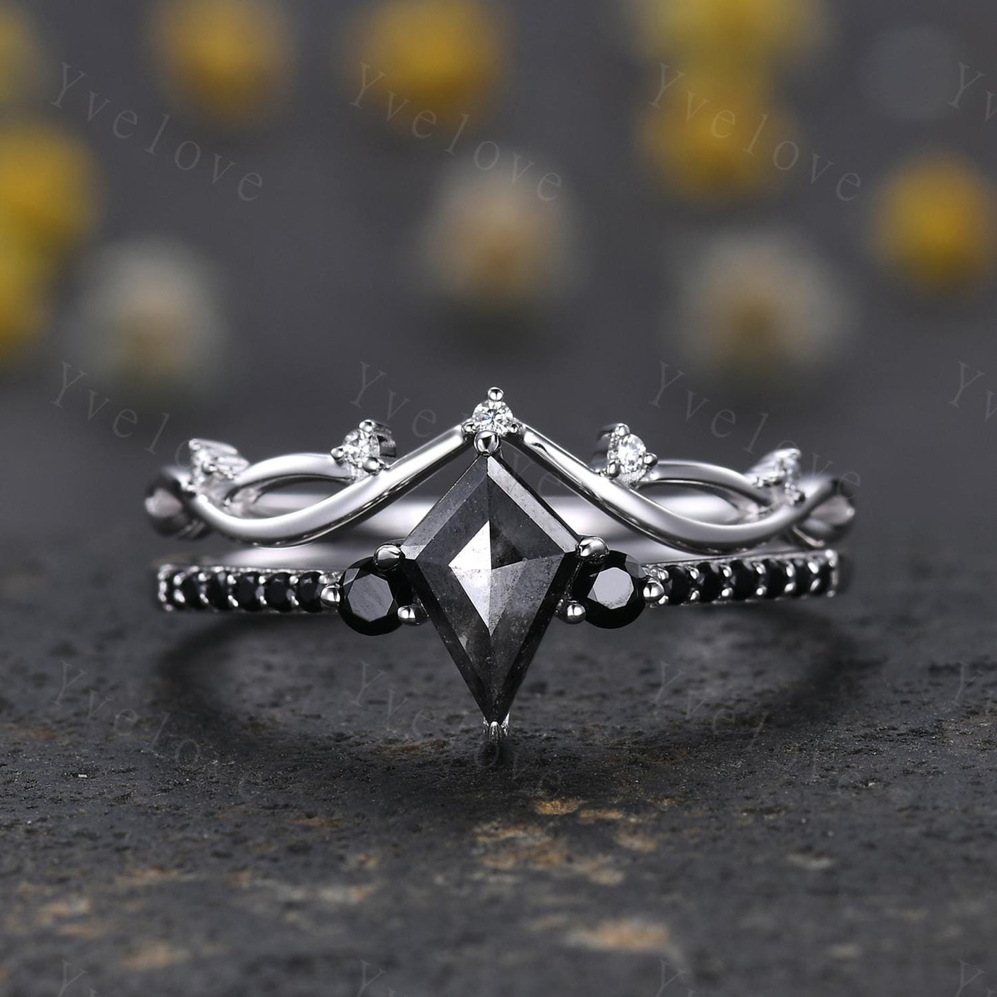 Dainty Kite Cut Salt and Pepper Diamond Engagement Ring Set Antique White Gold Ring Black Spinel Gems Bridal Set Promise Ring Handmade Gift