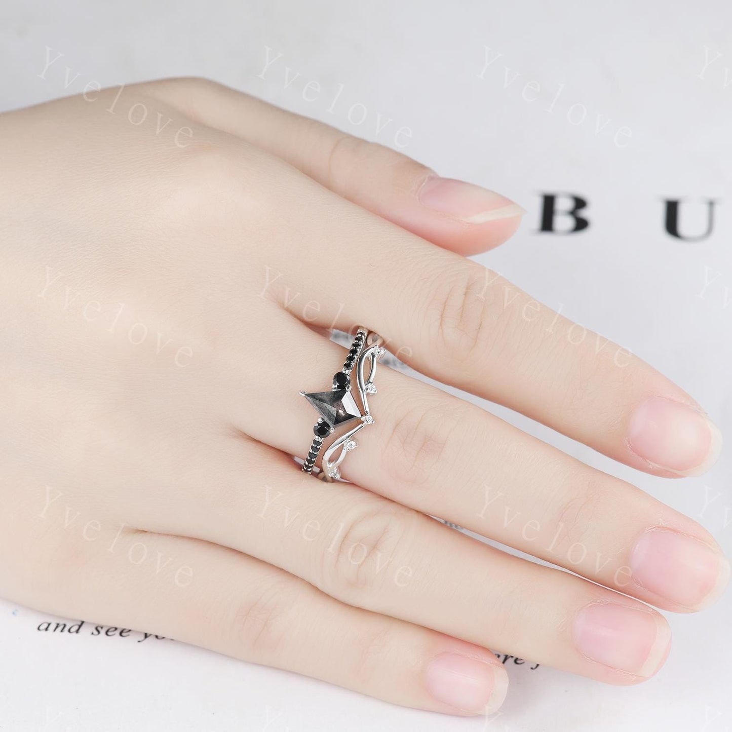 Dainty Kite Cut Salt and Pepper Diamond Engagement Ring Set Antique White Gold Ring Black Spinel Gems Bridal Set Promise Ring Handmade Gift