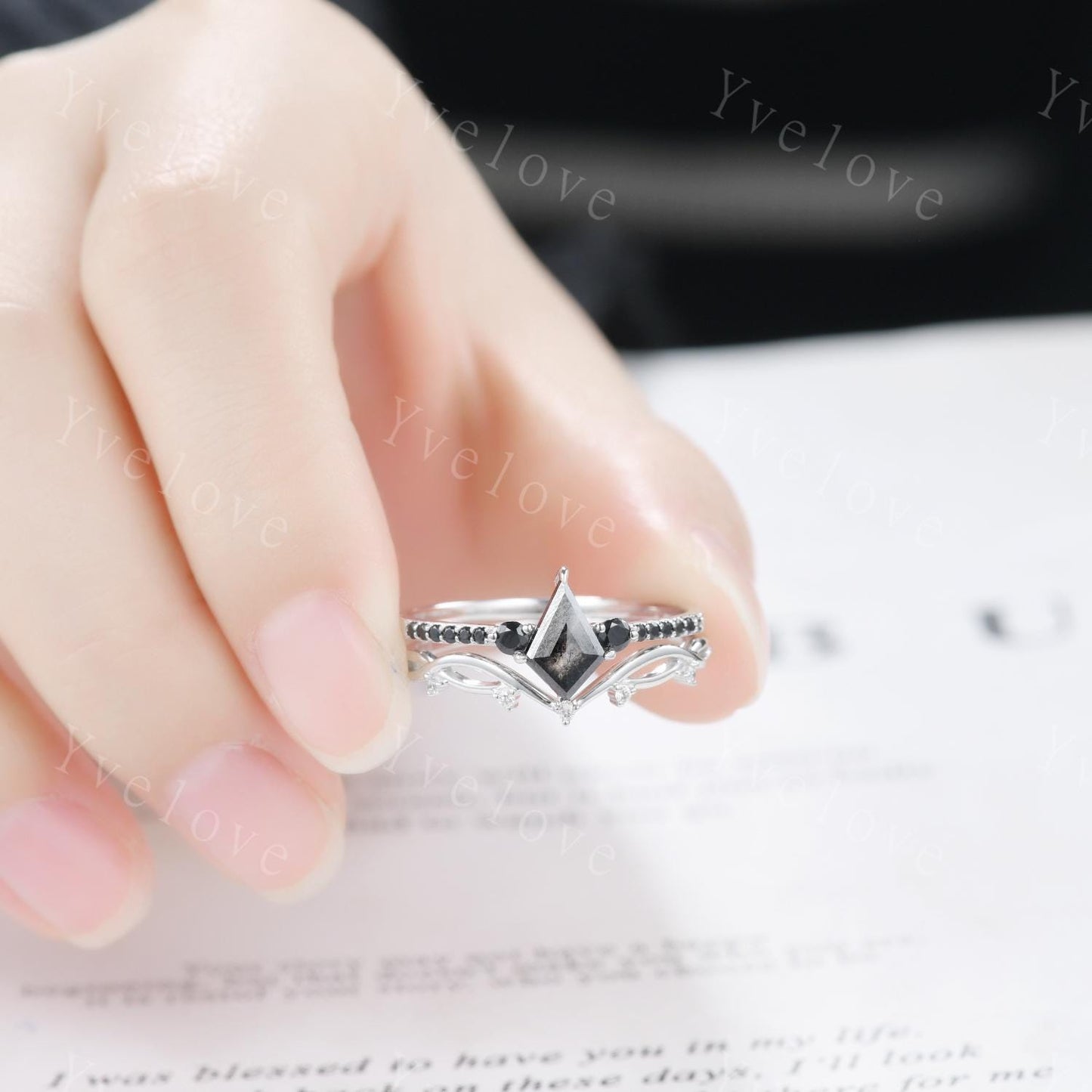 Dainty Kite Cut Salt and Pepper Diamond Engagement Ring Set Antique White Gold Ring Black Spinel Gems Bridal Set Promise Ring Handmade Gift