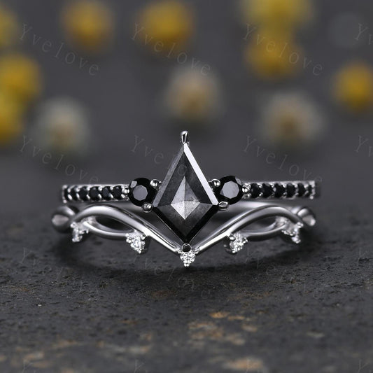 Dainty Kite Cut Salt and Pepper Diamond Engagement Ring Set Antique White Gold Ring Black Spinel Gems Bridal Set Promise Ring Handmade Gift