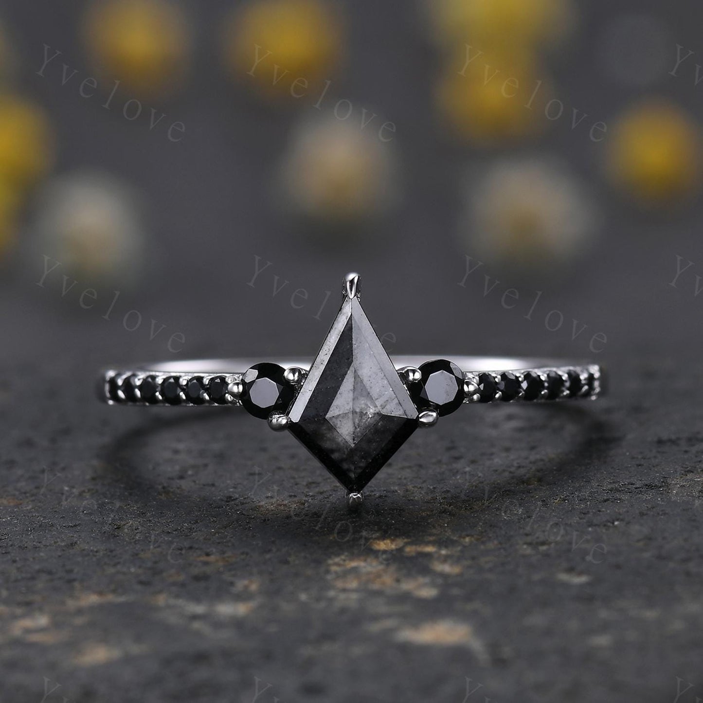Dainty Kite Cut Salt and Pepper Diamond Engagement Ring Antique 14k White Gold Ring Black Spinel Gems Bridal Ring Promise Ring Handmade Gift